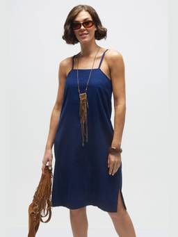 TERRA LUNA - Madone Blue Khadi A Line Knee Length Dress