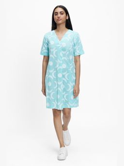 TERRA LUNA - Grace Blue Hand Block Printed Knee Length A Line Dress