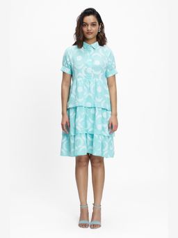 TERRA LUNA - Eden Blue Hand Block Printed A Line Knee Length Dress