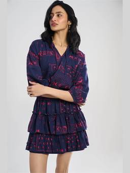 TERRA LUNA - Belle Navy Blue Khadi Printed A Line Mini Dress