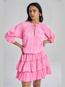 TERRA LUNA - Belle Pink Khadi Printed A Line Mini Dress