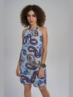 TERRA LUNA - Saba Blue Khadi Printed A Line Dress