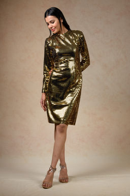 THETAA - Embellished Bodycon Gold Knee Length Dress With Trenchcoat And Belt