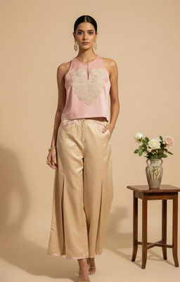 THETAA - Noor - Embroidered Satin Cotton Pink Top With Pant