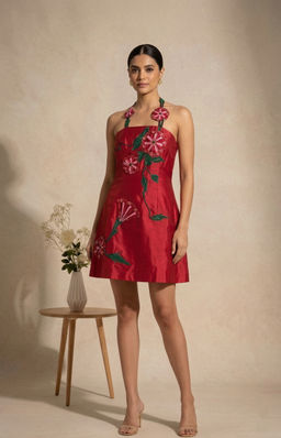 THETAA - Rosa - Embroidered Chanderi Cotton Red Dress