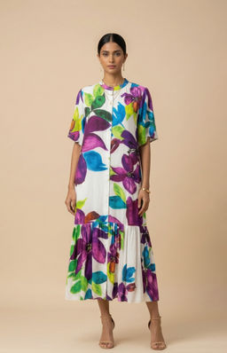 THETAA - Calista - Embroidered Silk Shantoon White Midi Dress