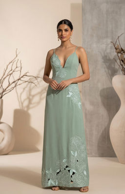 THETAA - Reverie - Hand-Embroidered Imported Crepe Green Maxi Dress