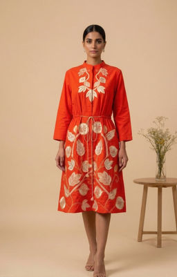 THETAA - Embroidered Orange Knee Length Dress