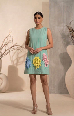 THETAA - Aveline - Embroidered Chanderi Cotton Green Knee Length Dress