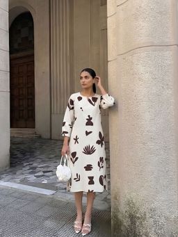 Poppi - Shadow Printed A Line Midi Dress Cream