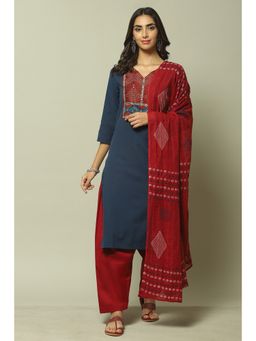 Biba - Blue Cotton Blend Unstitched Suit (Set of 3)