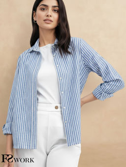 FableStreet - Cotton Linen Stripes Shirt - Blue