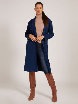 Guess - Women Blue Solid Shawl Collar Denim Duster Coat
