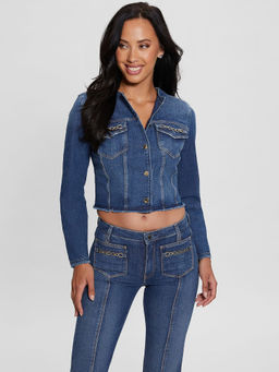 Guess - Women Blue Solid Round Neck Full Sleeves Denim Jacket