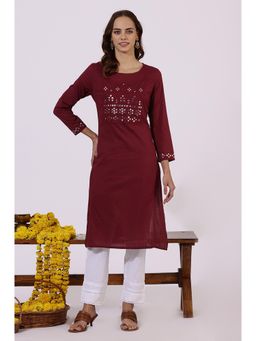 W - Burgundy Solid Mirror Work Pure Cotton Straight Kurta for Women