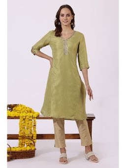 W - Green Solid Straight Kurta for Women