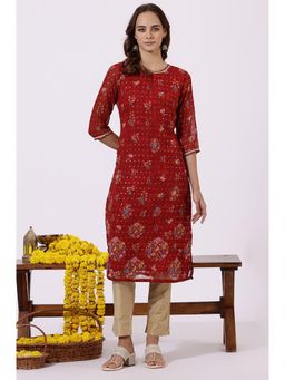 W - Red Floral Printed Lace Straight Kurta for Women