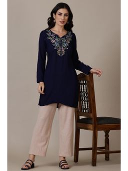 Aurelia - Navy Blue Solid Thread Work Straight Kurti