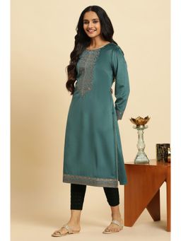 WISHFUL by W - Teal Green Velvet Embroidered Festive Winter Kurta