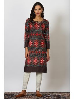 W - Multi-Color Print Mirror Work Velvet Straight Kurta for Women