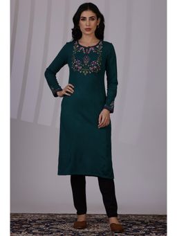 W - Blue Embroidered Thread Work Acrylic Straight Kurta for Women
