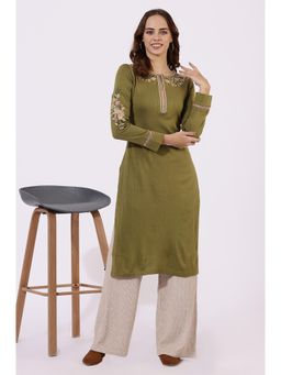 W - Green Embroidered Thread Work Acrylic Straight Kurta for Women