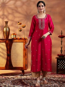 Libas - Red Floral Zari All Over Embroidered Lining Kurta
