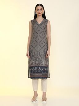 Jaipur Kurti - Grey Floral Printed Straight Sleeveless Kurta