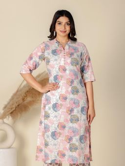 ARAMYA - White Soft Cotton Pant Floral Print Kurta for Women