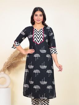 ARAMYA - Black Soft Cotton Straight Foliage Print Kurta for Women