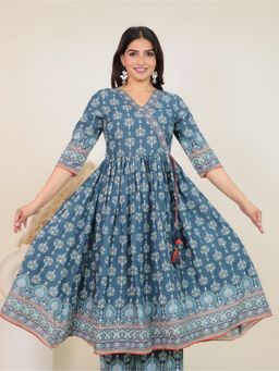 ARAMYA - Blue Soft Cotton Angrakha Floral Print Kurta for Women