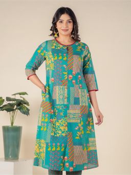 ARAMYA - Green Soft Cotton A-Line Abstract Print Kurta for Women