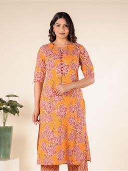 ARAMYA - Yellow Soft Cotton A-Line Floral Print Kurta for Women