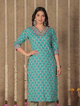 ARAMYA - Blue Soft Cotton Straight Floral Print Kurta for Women
