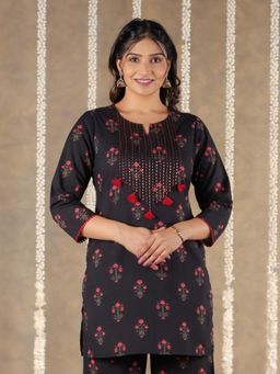 ARAMYA - Black Soft Cotton Straight Floral Print Kurta for Women