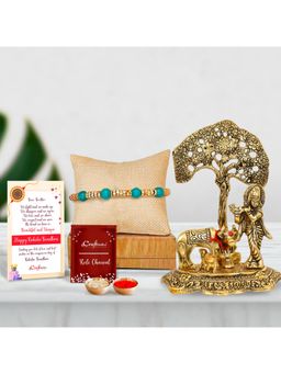 eCraftIndia - Pearls Diamond Designer Rakhi, Krishna Idol Playing Flute with Cow & Calf Showpiece