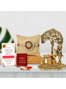eCraftIndia - Designer Rakhi with Krishna Idol Playing Flute, Roli Chawal Pack & Greeting Card