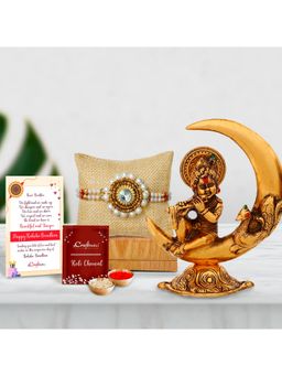 eCraftIndia - Stone Pearl Designer Rakhi with Lord Krishna Idol, Roli Chawal Pack