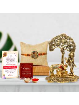 eCraftIndia - Peacock Rakhi with Lord Krishna Playing Flute Under Tree with Cow & Calf Showpiece