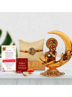 eCraftIndia - Peacock Designer Rakhi with Krishna Playing Flute & Sitting On Half Moon Showpiece
