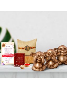 eCraftIndia - Peacock Rakhi with 3 Musketeers Monkeys Statue, Roli Chawal Pack