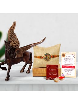 eCraftIndia - Peacock Rakhi with Flying Angel Horse Statue, Roli Chawal Pack