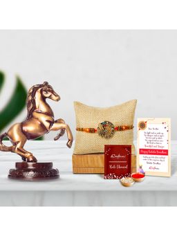 eCraftIndia - Designer Peacock Rakhi with Jumping Horse Statue & Roli Chawal Pack