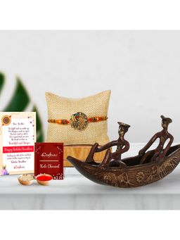 eCraftIndia - Peacock Rakhi, 2 Men In Boat Decorative Showpiece, Roli Chawal Pack, & Greeting Card
