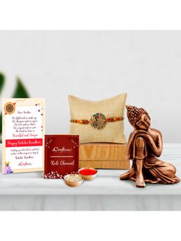 eCraftIndia - Designer Peacock Rakhi with Resting Buddha Statue & Roli Chawal Pack