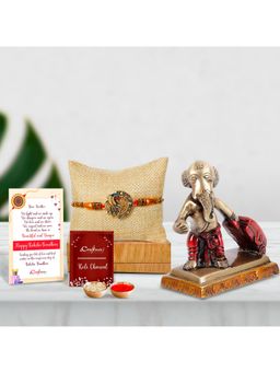 eCraftIndia - Peacock Rakhi with Ganesha Idol with Travel Bag Showpiece, Roli Chawal