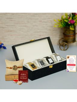 eCraftIndia - Peacock Rakhi, Premium Rexine Watch Organizer Box with 4 Cushions, Roli Chawal Pack