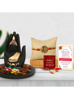 eCraftIndia - Designer Peacock Rakhi with Buddha Idol with Wooden Base Tea Light Holder