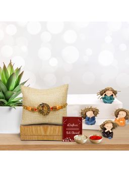 eCraftIndia - Peacock Rakhi with 4 Monk Buddha Statues & Roli Chawal Pack