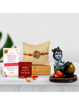 eCraftIndia - Designer Peacock Rakhi with Baal Krishna Idol & Roli Chawal Pack
